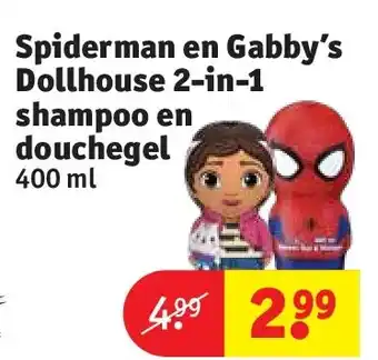 Kruidvat Spiderman en Gabby’s Dollhouse 2-in-1 shampoo en douchegel aanbieding