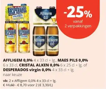 Spar Affligem 0,0%, Maes pils 0,0% , Cristal Alken 0,0% of Desperados Virgin 0,0% aanbieding