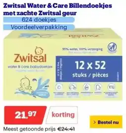 Bol.com Zwitsal Water & Care Billendoekjes met zachte Zwitsal geur aanbieding