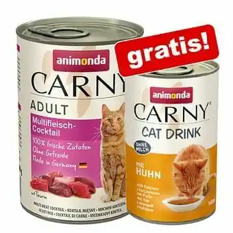 Zooplus 24 x 400 g Animonda Carny Adult + 140 ml Cat Drink - Kip gratis! - Rund & Kip aanbieding