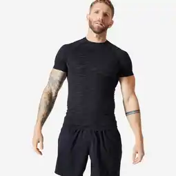 Decathlon Ademend compressie-T-shirt voor krachttraining voor heren ronde hals zwart/kaki aanbieding