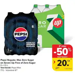 Carrefour Pepsi Regular, Max Zero Sugar en Seven Up Free of Zero Sugar aanbieding