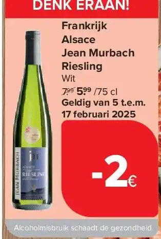 Carrefour Frankrijk Alsace Jean Murbach Riesling aanbieding