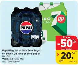 Carrefour Pepsi Regular of Max Zero Sugar en Seven Up Free of Zero Sugar aanbieding