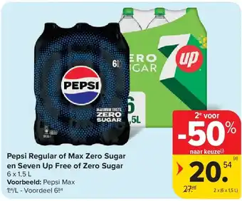 Carrefour Pepsi Regular of Max Zero Sugar en Seven Up Free of Zero Sugar aanbieding