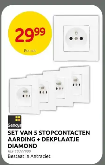 Brico SET VAN 5 STOPCONTACTEN AARDING + DEKPLAATJE DIAMOND aanbieding