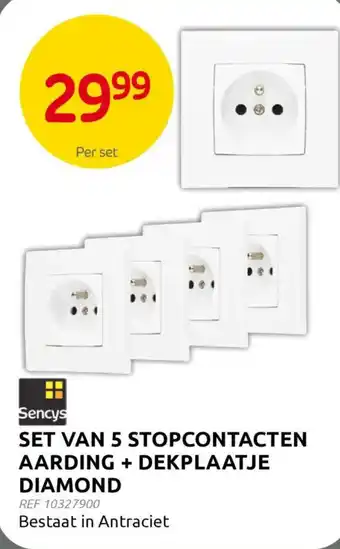 BricoPlanit Sencys set van 5 stopcontacten aarding + dekplaatje diamond aanbieding