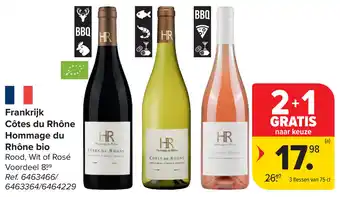 Carrefour Frankrijk Côtes du Rhône Hommage du Rhône bio aanbieding