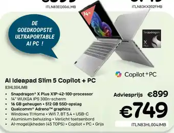 CompuDeals Lenovo Al Ideapad Slim 5 Copilot + PC 83HL004JMB aanbieding