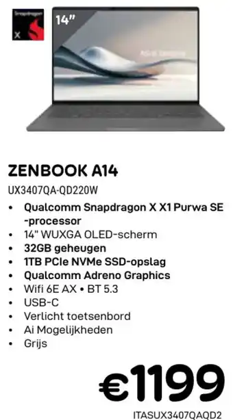 CompuDeals Asus Zenbook A14 UX3407QA-QD220W aanbieding