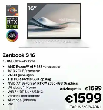 CompuDeals Asus Zenbook S 16 UM5606WA-RK123W aanbieding