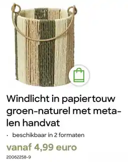 AVA Windlicht in papiertouw groen naturel met meta len handvat aanbieding