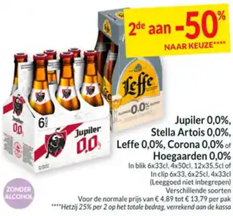 Intermarché Jupiler 0,0%, Stella Artois 0,0%, Leffe 0,0%, Corona 0,0% of Hoegaarden 0,0% aanbieding