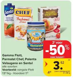 Carrefour Gamma Flott, Parmalat Chef, Polenta Valsugana en Santal aanbieding