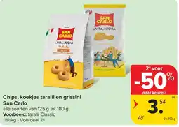 Carrefour Chips, koekjes taralli en grissini San Carlo aanbieding