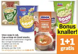 Albert Heijn Unox soep in zak, Cup-a-Soup en Good snacks aanbieding