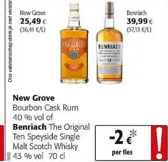 Colruyt New Grove Bourbon Cask Rum, Benriach Single Malt Scotch Whisky aanbieding