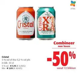 Colruyt Cristal 5 % vol of Xtra 5,2 % vol pils in blik 33 cl aanbieding