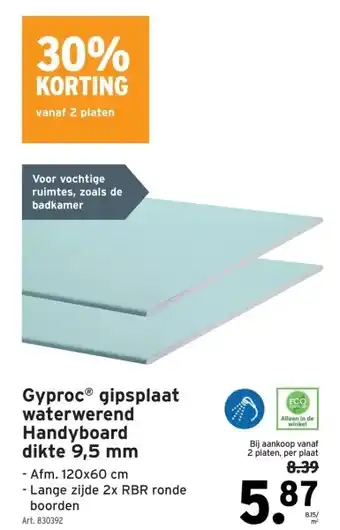 GAMMA GyprocⓇ gipsplaat waterwerend Handyboard dikte 9,5 mm aanbieding