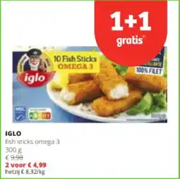 Spar Colruyt Iglo fish sticks omega 3 aanbieding