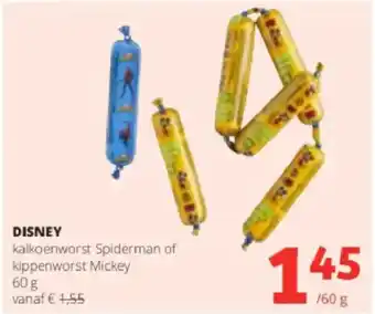 Spar Colruyt Disney kalkoenworst Spiderman of kippenworst Mickey aanbieding