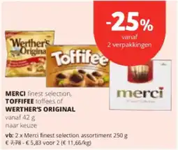 Spar Colruyt Merci finest selection, Toffifee toffees of Werther's original aanbieding