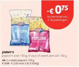 Spar Colruyt Jimmy's popcorn zoet of zout of sweet and salt aanbieding