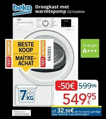 Eldi Beko droogkast met warmtepomp ds7534rxw aanbieding