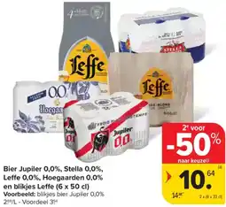 Carrefour Market Bier Jupiler 0,0%, Stella 0,0%, % Leffe 0,0%, Hoegaarden 0,0% en blikjes Leffe aanbieding