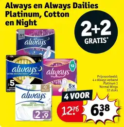 Kruidvat Always en Always Dailies Platinum Platinum 1 Normal Wings 12 stuks Cotton en Night aanbieding