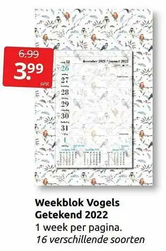 Boekenvoordeel Weekblok vogels getekend 2022 aanbieding