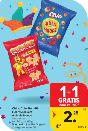 Carrefour Chips chio pom bär heart breakers en hula hoops aanbieding