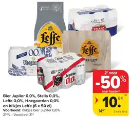 Carrefour Bier Jupiler 0,0%, Stella 0,0%, Leffe 0,0%, Hoegaarden 0,0% en blikjes Le e (6 x 50 cl) aanbieding