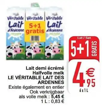 Cora Lait demi écrémé halfvolle melk le véritable lait des ardennes 6x 1liter aanbieding