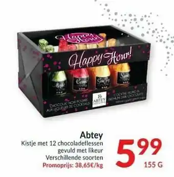 Intermarché Abtey kistje met 12 chocoladeflessen gevuld met likeur aanbieding