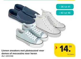 Carrefour Linnen sneakers met plateauzool voor dames of mocassins voor heren aanbieding