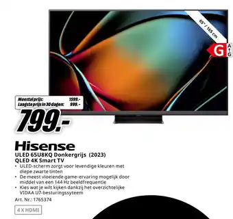 MediaMarkt Hisense ULED 65U8KQ Donkergrijs (2023) QLED 4K Smart TV aanbieding