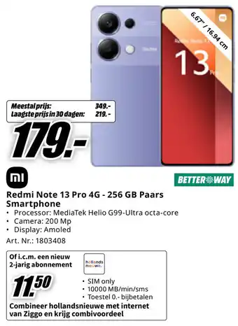 MediaMarkt Redmi Note 13 Pro 4G - 256 GB Paars Smartphone aanbieding