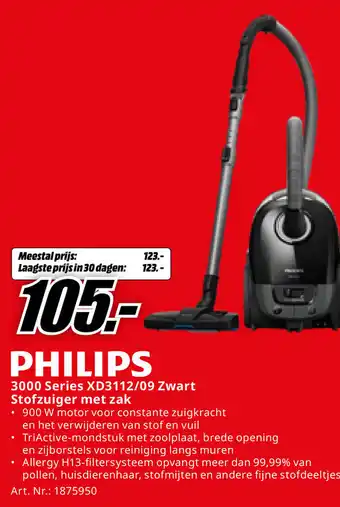 MediaMarkt Philips 3000 Series XD3112/09 Zwart Stofzuiger met zak aanbieding