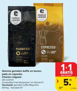 Carrefour Charles Liégeois Gamma gemalen koffie en bonen, pads en capsules aanbieding