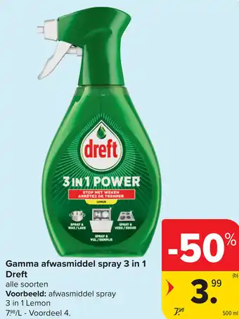 Carrefour Dreft Gamma afwasmiddel spray 3 in 1 aanbieding