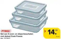 Carrefour Pyrex set van 3 oven- en diepvriesschalen met deksel cook freeze aanbieding