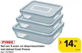 Carrefour Pyrex set van 3 oven- en diepvriesschalen met deksel cook freeze aanbieding