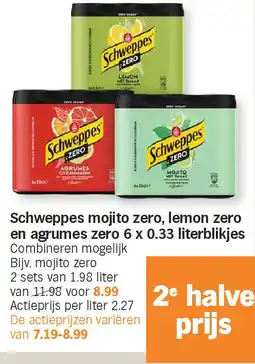 Albert Heijn Schweppes mojito zero, lemon zero en agrumes zero 6 x 0.33 literblikjes aanbieding