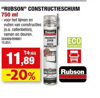 Hubo &quot;rubson&quot; Constructieschuum Aanbieding bij Hubo aanbieding