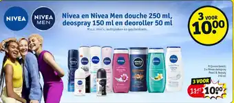 Kruidvat Nivea en Nivea Men douche 250 ml, deospray 150 ml en deoroller 50 ml aanbieding