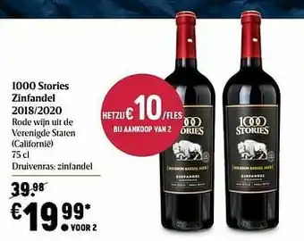 Delhaize 1000 stories zinfandel 2018-2020 rode wijn uit de verenigde staten californië aanbieding