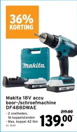 GAMMA Makita 18V accu boor / schroefmachine DF488DWAE aanbieding