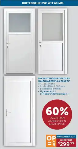 Zelfbouwmarkt PVC BUITENDEUR 1/3 GLAS, HALFGLAS EN VLAK PANEEL aanbieding