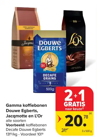 Carrefour Gamma koffiebonen douwe egberts, jacqmotte en l'or aanbieding